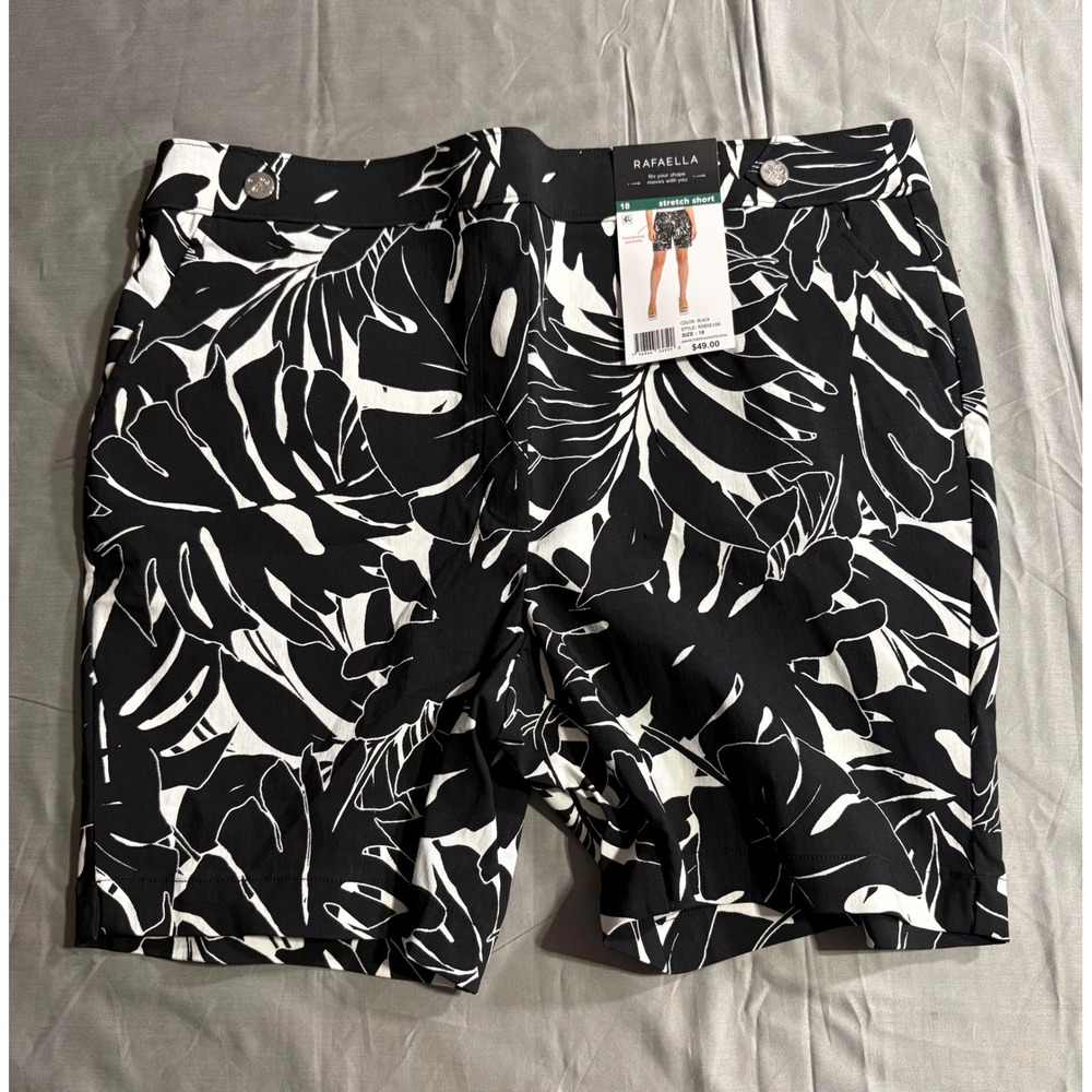 Rafaella Black White Tropical Leaf Print Stretch Shorts Size 18 RSBSE106 NWT